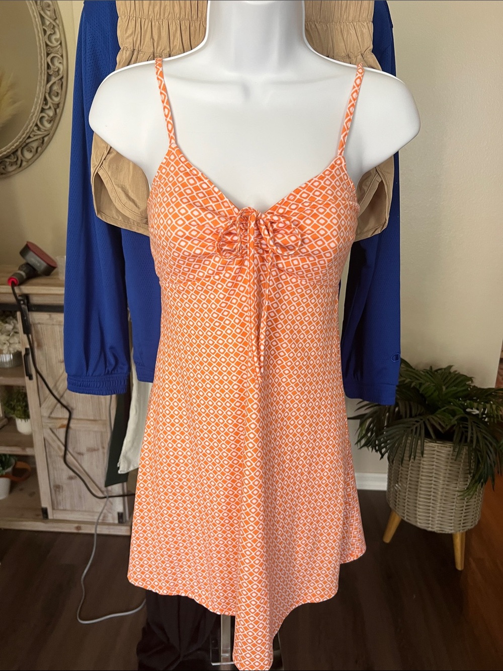 Hollister Orange Geometric Tie-Front Spaghetti Strap Dress xs